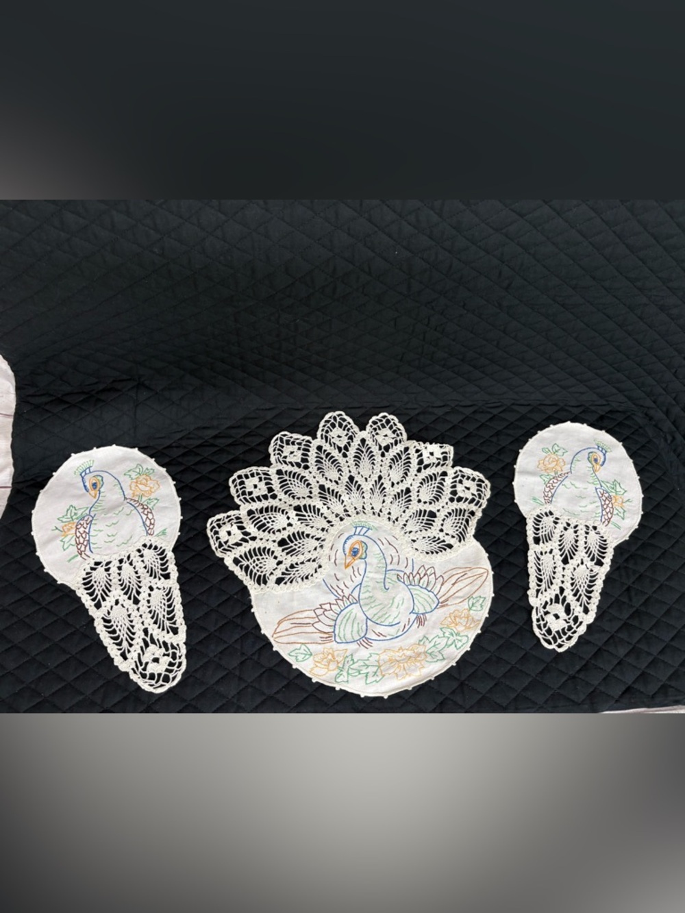 Vintage Handmade Embroidered Crochet Peacock Doily Table Runner